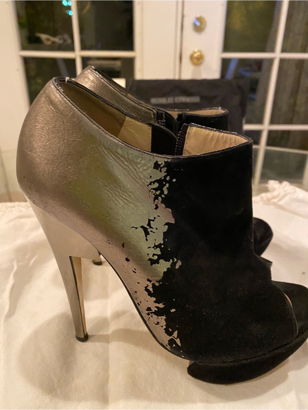 Metallic Silver and Black Peep-Toe Stiletto Booties